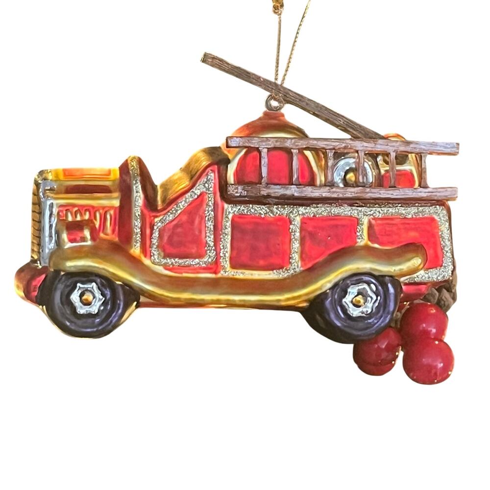 Vintage-Style Glass Fire Truck Christmas Ornament